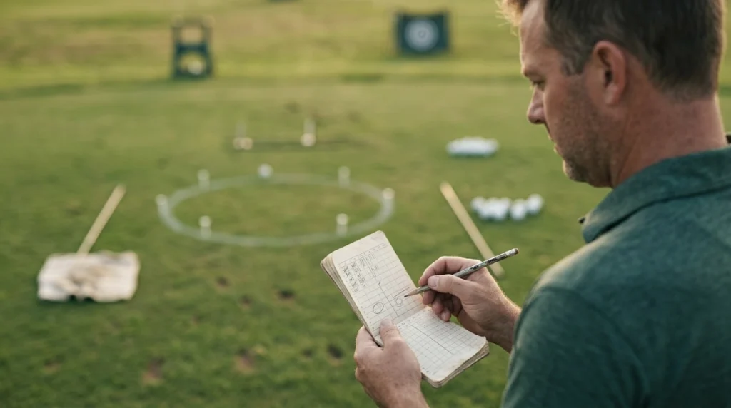 Golfer recording putting, chipping, wedge, and tee-shot results after a golf practice routine