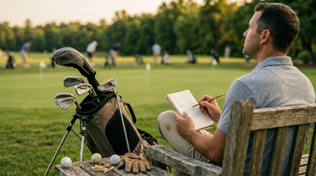 Beginner golfer planning weekly putting, range, home, and nine-hole practice sessions