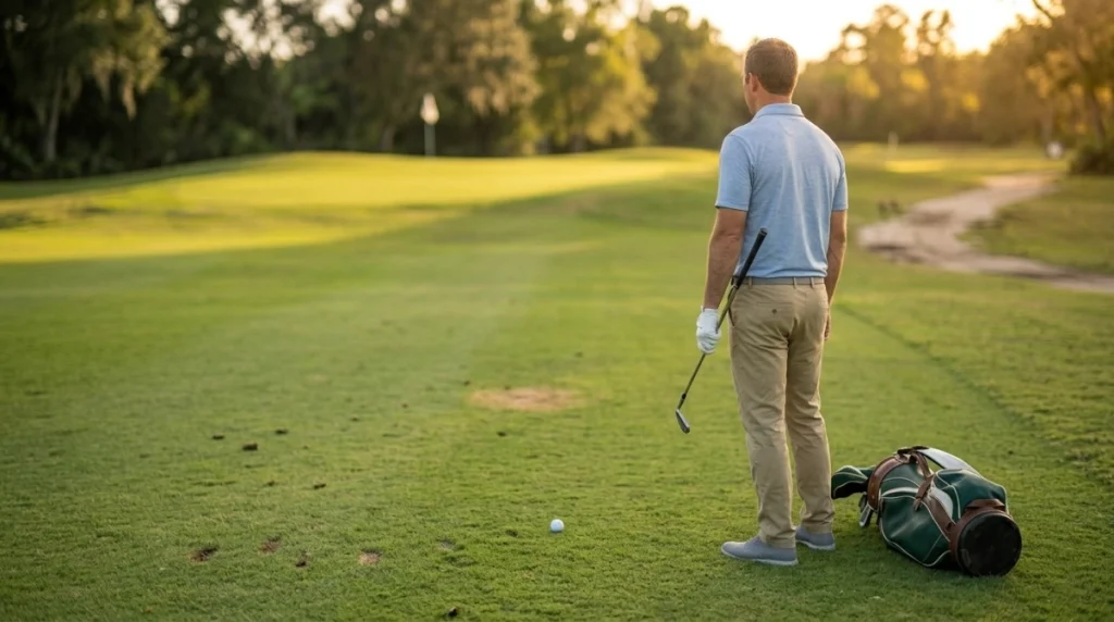Golfer using an intermediate target during an on-course alignment routine