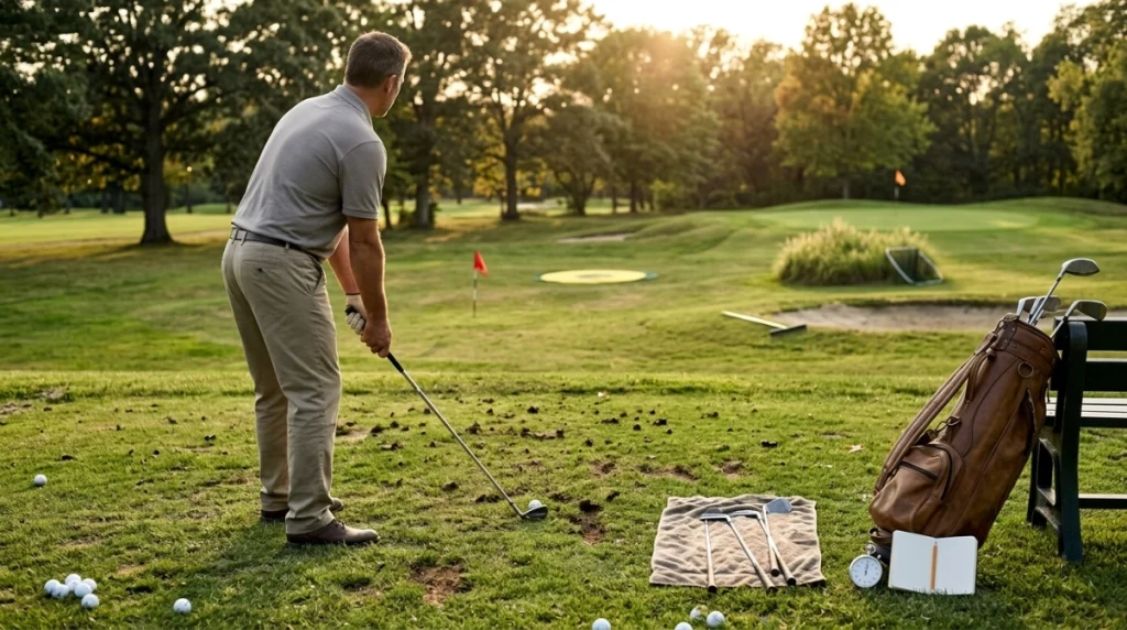 Golfer completing a 30-minute distance control practice plan with randomized targets