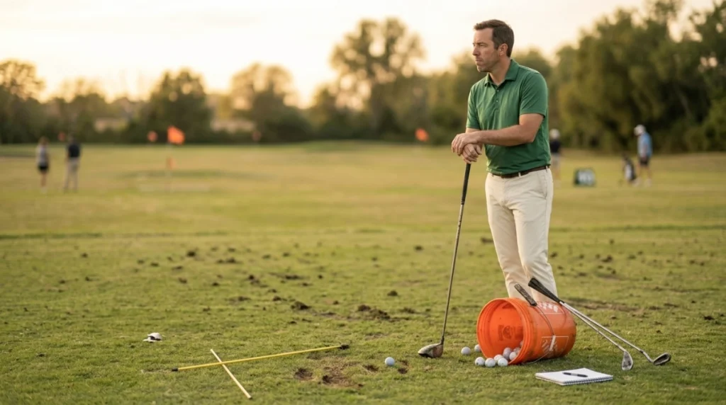 Golfer surrounded by signs of common golf practice mistakes at a driving range