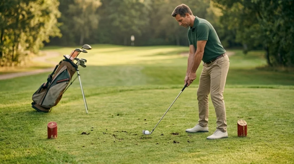 Golf ball legally placed between tee markers as a beginner prepares to start the hole