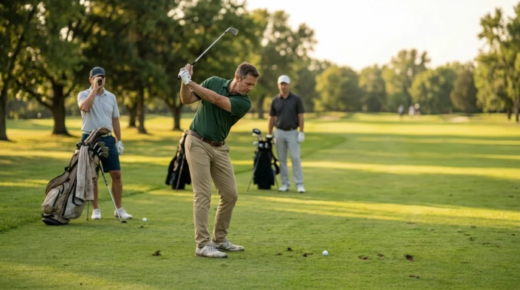 Ready Golf Explained as a prepared golfer plays while a farther golfer safely waits