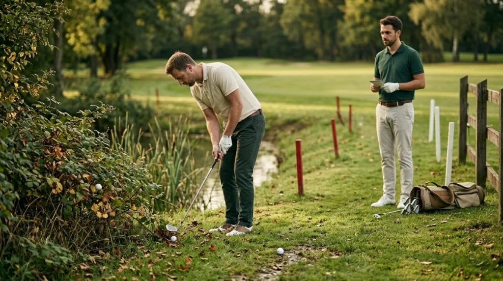 Golfer assessing an unplayable ball near red penalty stakes and an out-of-bounds boundary