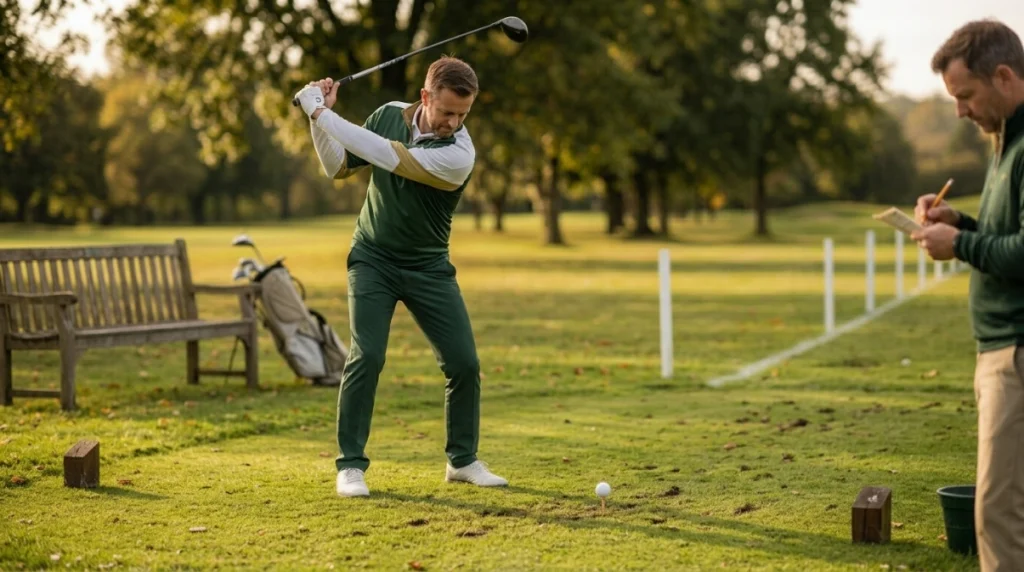 Golfer replaying from the tee after an out of bounds penalty under stroke-and-distance rules