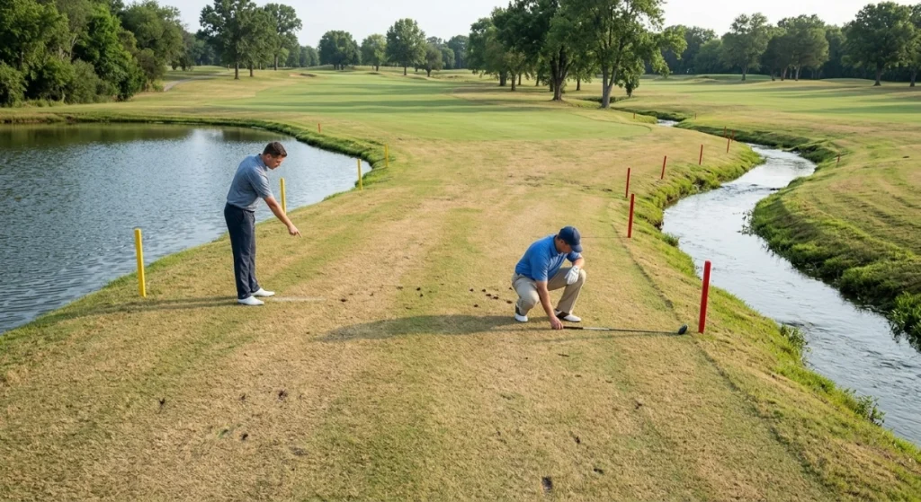 Golfers comparing red lateral relief with yellow back-on-the-line relief