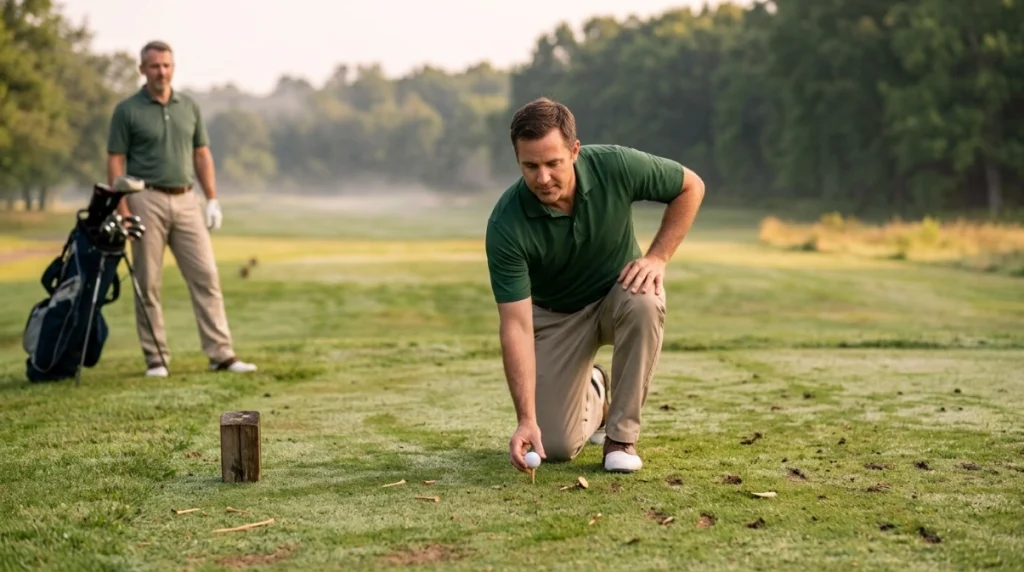 Golfer replaying from the tee after applying the lost ball rule and penalty stroke