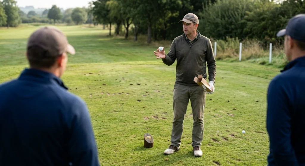 Golfer announcing a provisional ball to playing partners before replaying from the tee