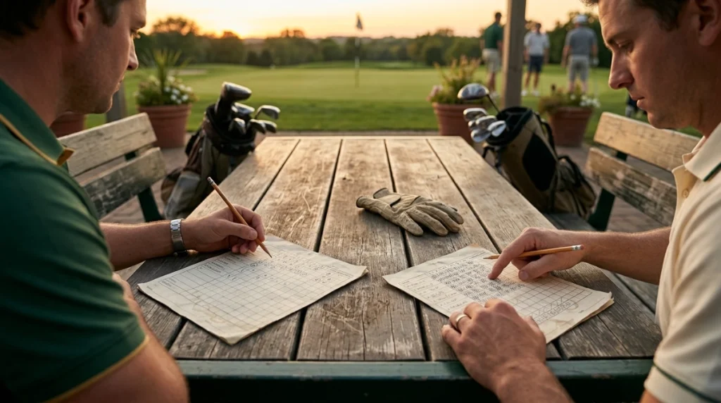Golfers compare hole results and cumulative scoring in match play vs stroke play