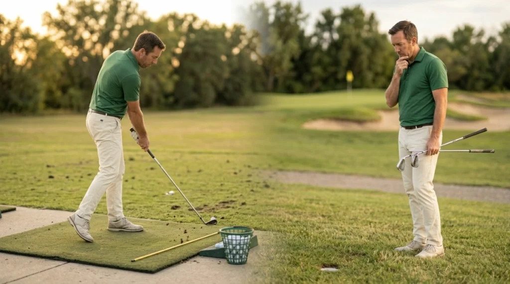 Golfer comparing controlled range practice with changing conditions on a golf course
