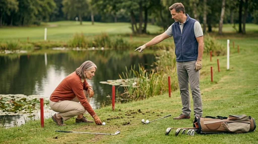 Golfers applying basic golf rules beside a red penalty area and out-of-bounds markers