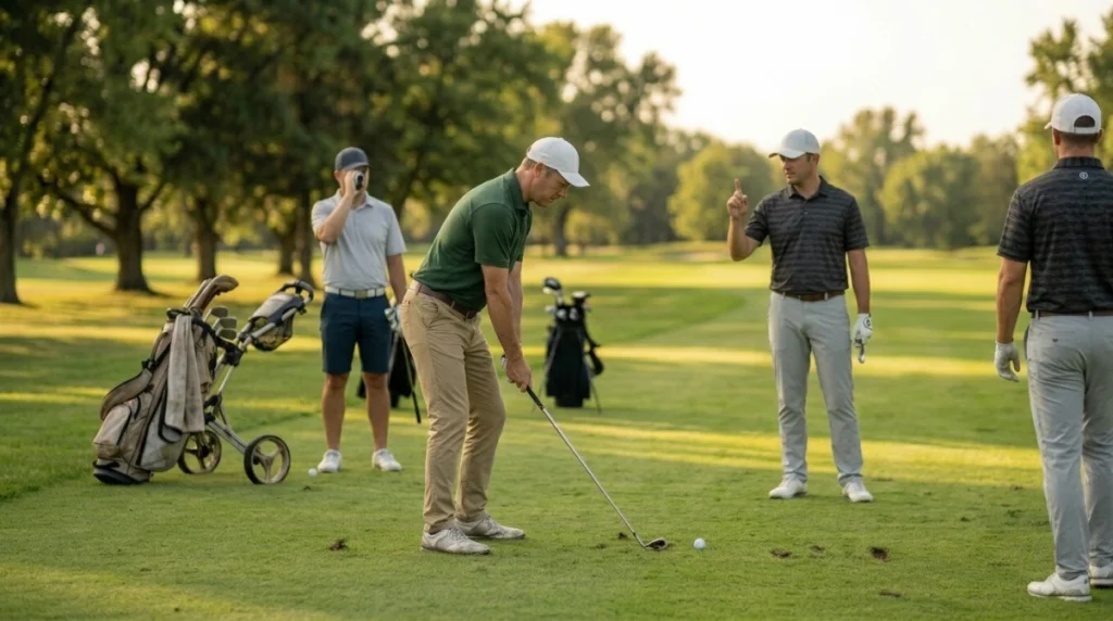 Golfers communicate, check distance, and position their bags for safe ready golf