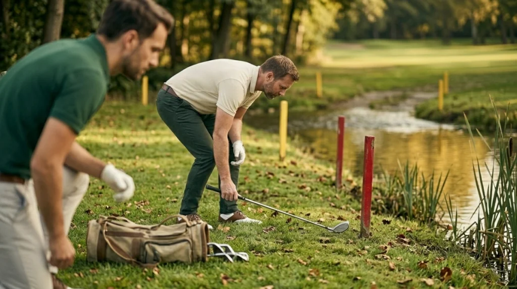 Golfer measuring lateral relief beside red stakes with a yellow penalty area beyond