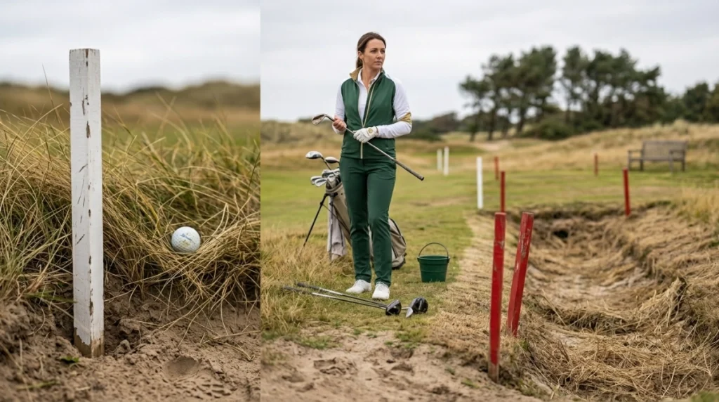 Golfer comparing white out of bounds stakes with a red penalty area on a golf course