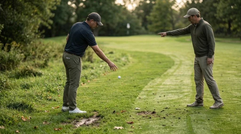Golfer taking a fairway-side drop under Model Local Rule E-5 after losing a ball