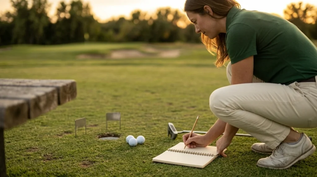 Golfer recording results after a purposeful putting practice challenge