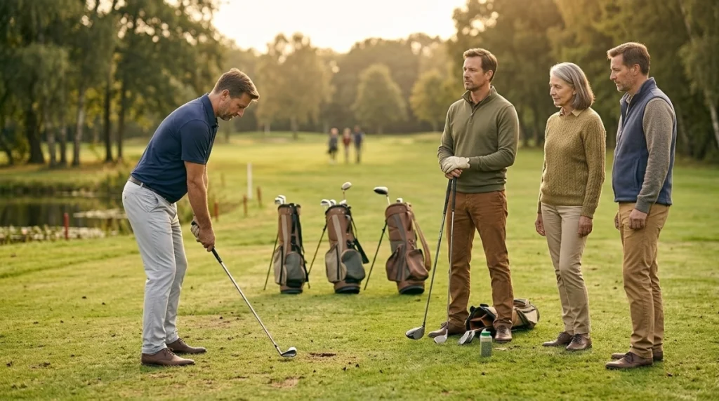 Beginner golfers following basic golf rules for safety, pace, and considerate play