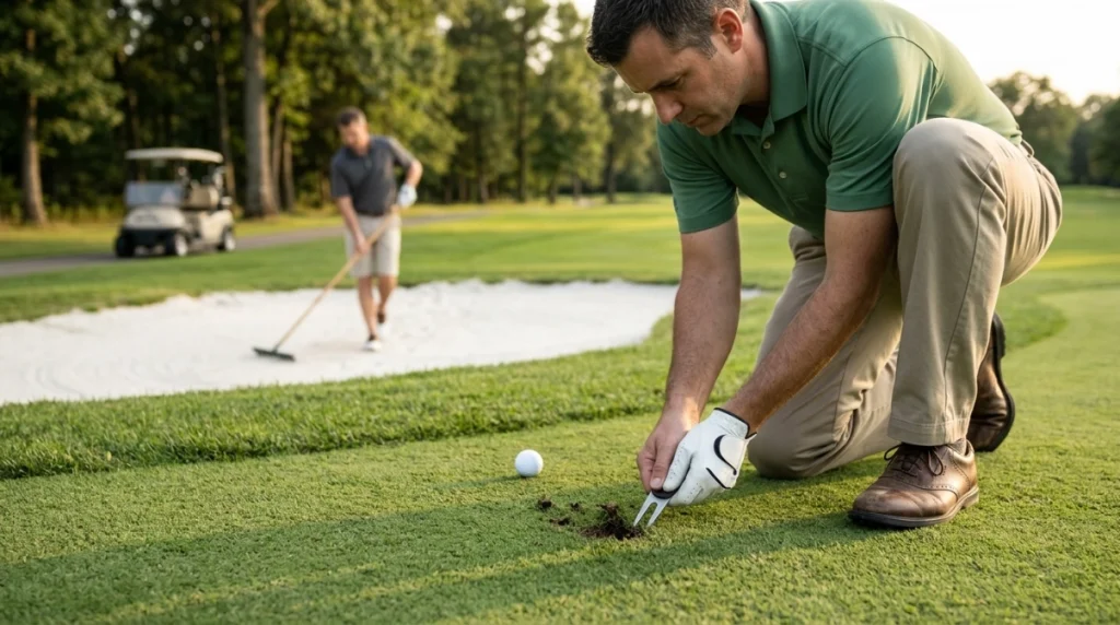 Golfer repairing a ball mark while another player rakes a bunker