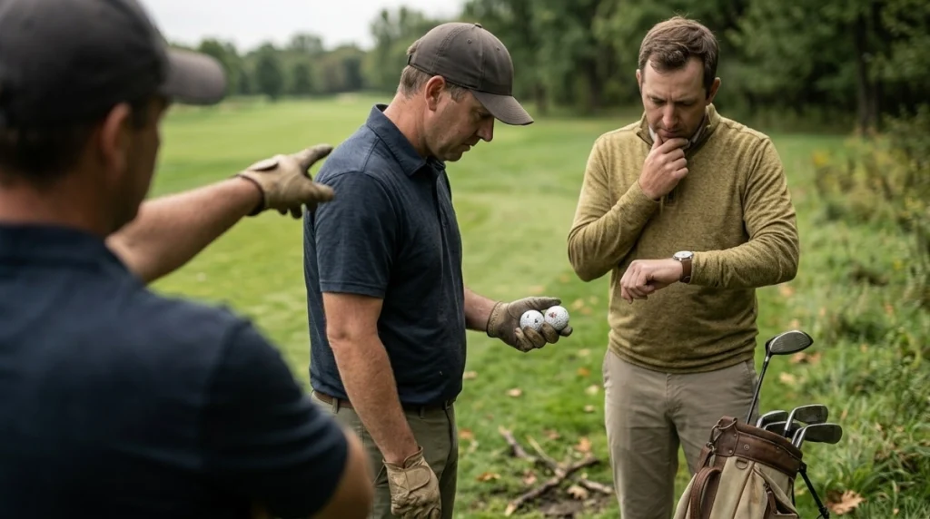 Golfers checking ball identity and search time to avoid lost ball rule mistakes