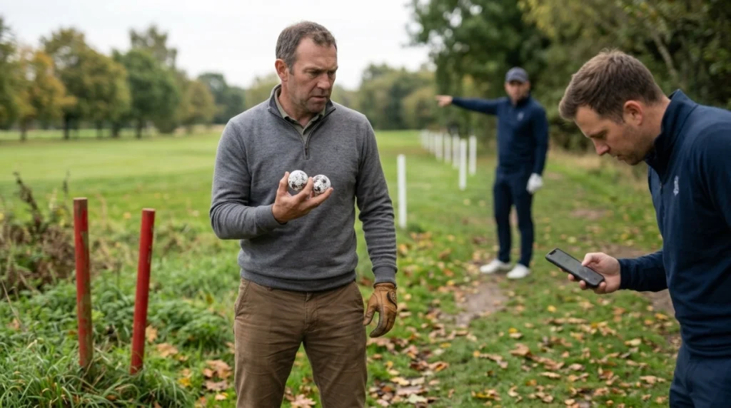 Golfer comparing two balls near red penalty-area and white out-of-bounds stakes