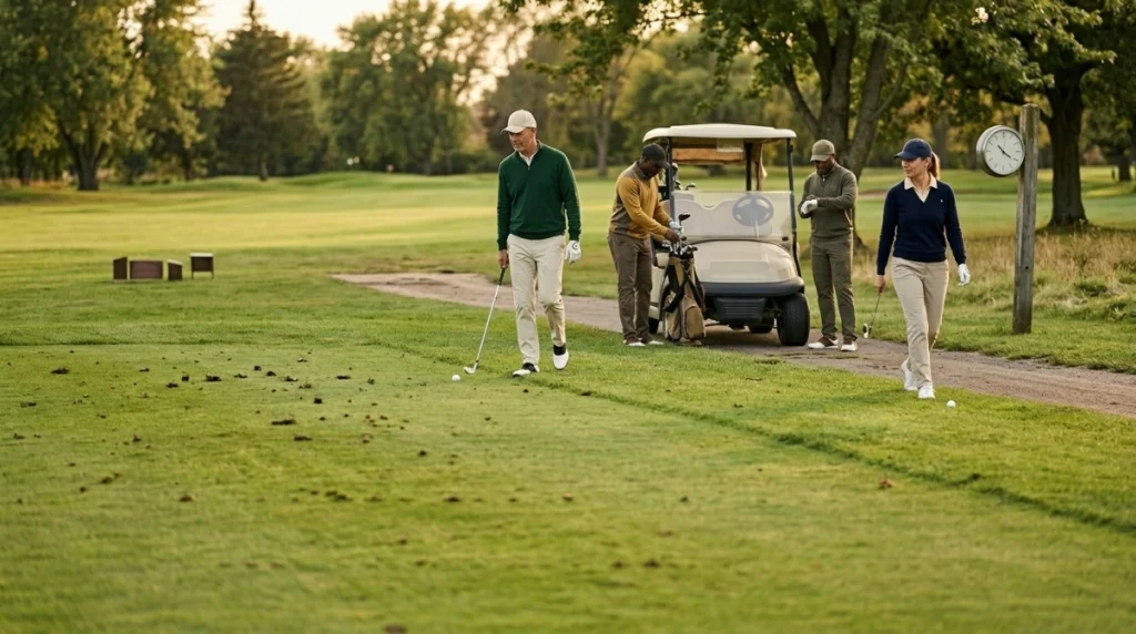 Four golfers maintaining golf pace of play during an 18-hole round