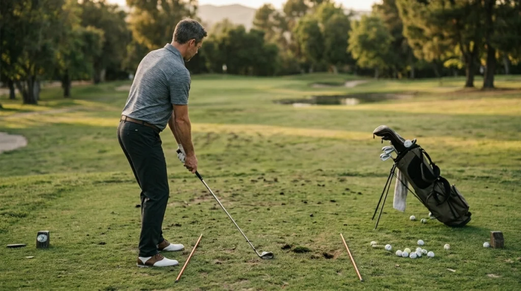 Golfer checking clubface and body alignment before an iron shot on a practice fairway
