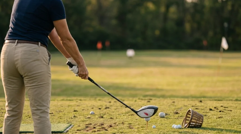 Beginner golfer showing weak grip, open shoulders, and heel contact that can cause a slice