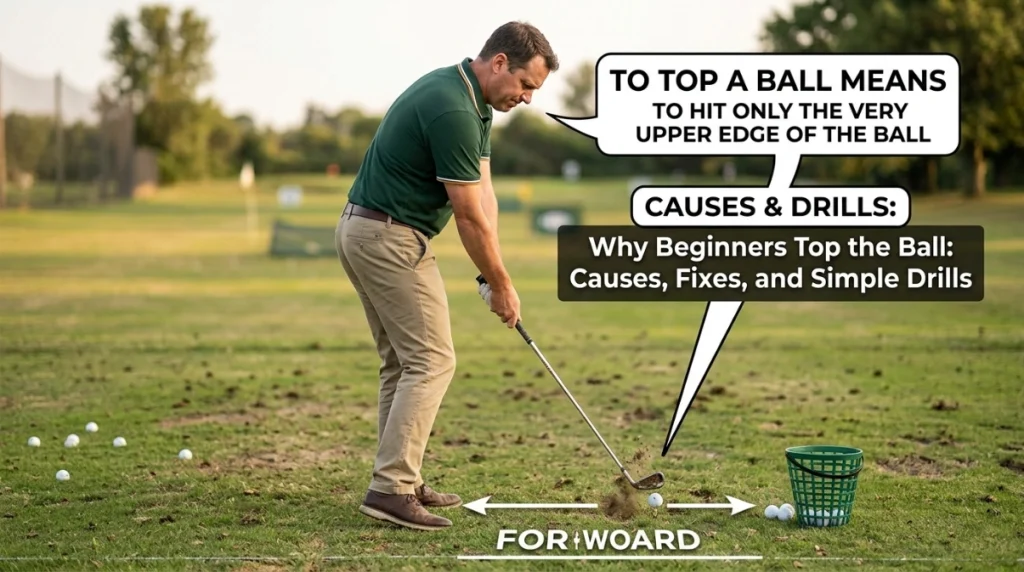 Beginner golfer rising and hanging back while topping an iron shot