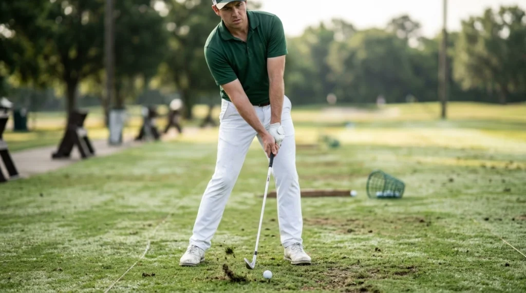 Beginner golfer leaning back and striking turf before the ball with a 7-iron