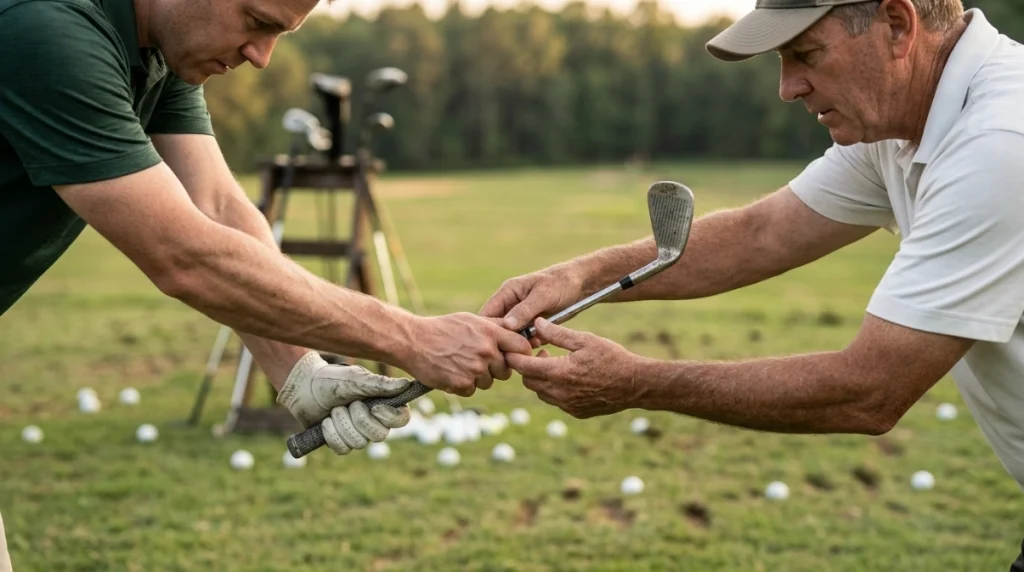 Golf instructor correcting grip mistakes involving pressure, thumb position, and hand connection