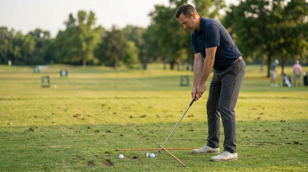 Golfer checking alignment and ball position with parallel sticks before an iron shot