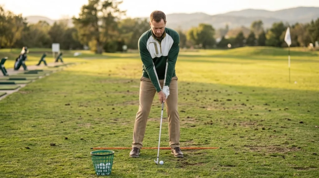 Golfer checking alignment, posture, grip pressure, and ball position before an iron shot