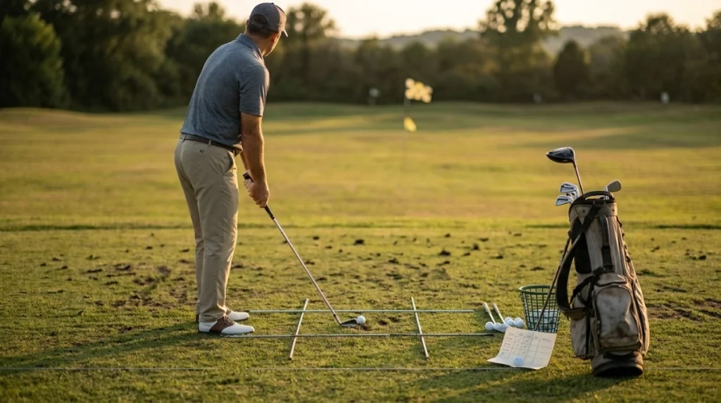 Golfer choosing a precise range target instead of rapidly hitting practice balls