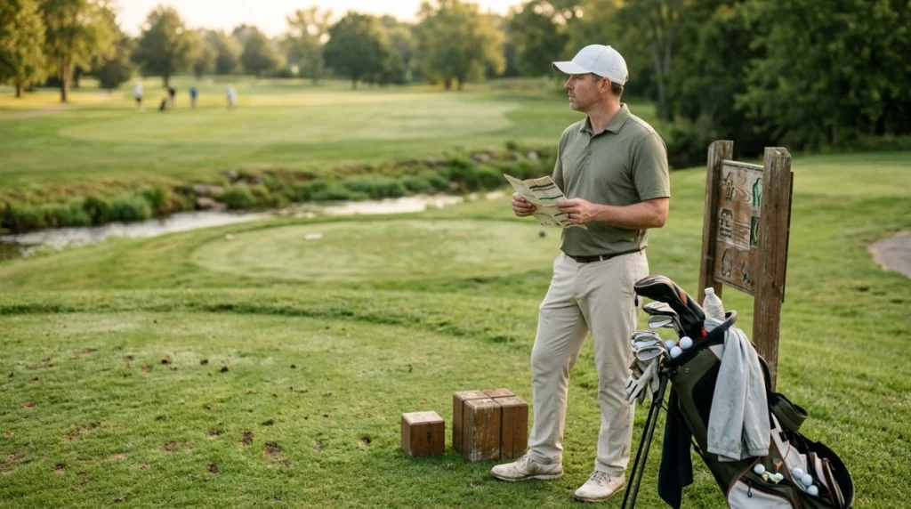 Golfer reviewing tees and course conditions to avoid course mistakes before a round