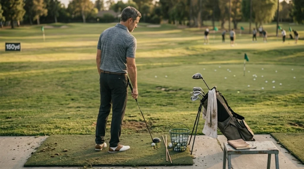 Golfer using clubs, targets, and alignment sticks during a structured practice session