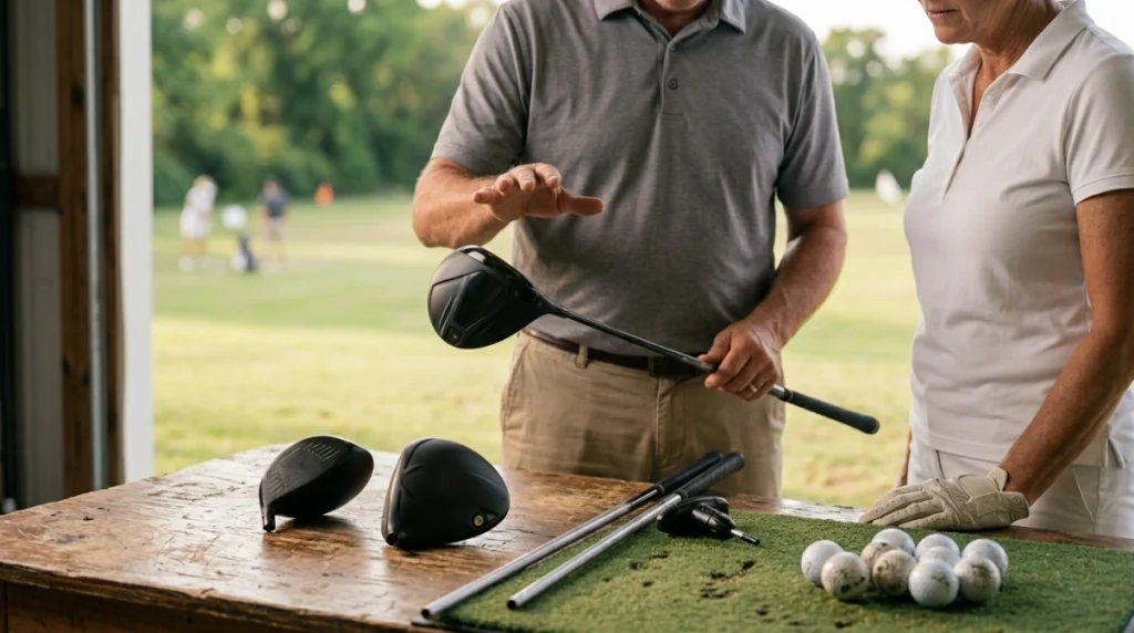 Beginner comparing driver loft, shaft length, and draw-bias equipment during a golf fitting