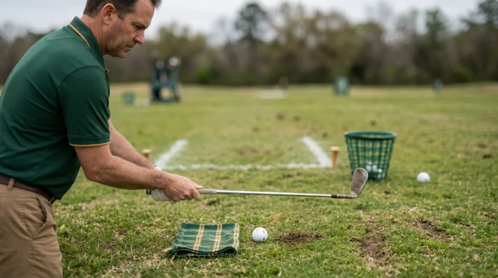 Beginner golfer using a towel drill to practice ball-first iron contact