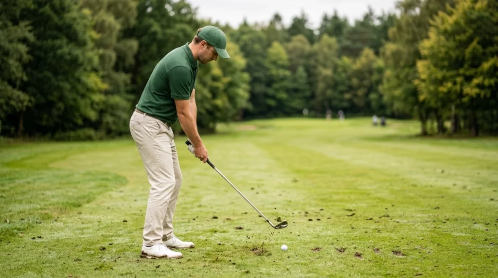 Beginner golfer rehearsing a controlled iron shot from a damp uneven fairway lie