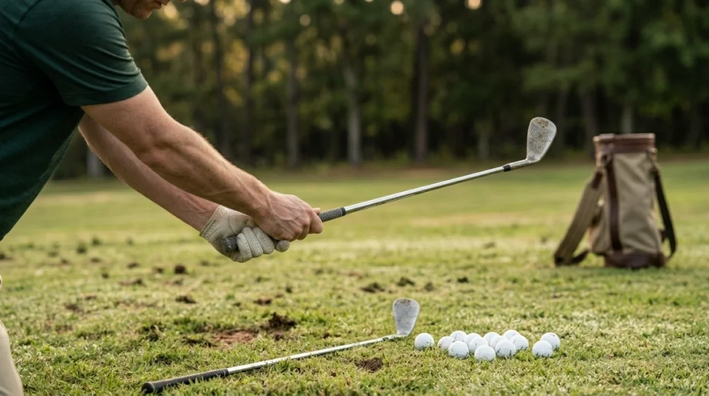 Golfer fixing grip mistakes while practicing a controlled waist-high wedge swing