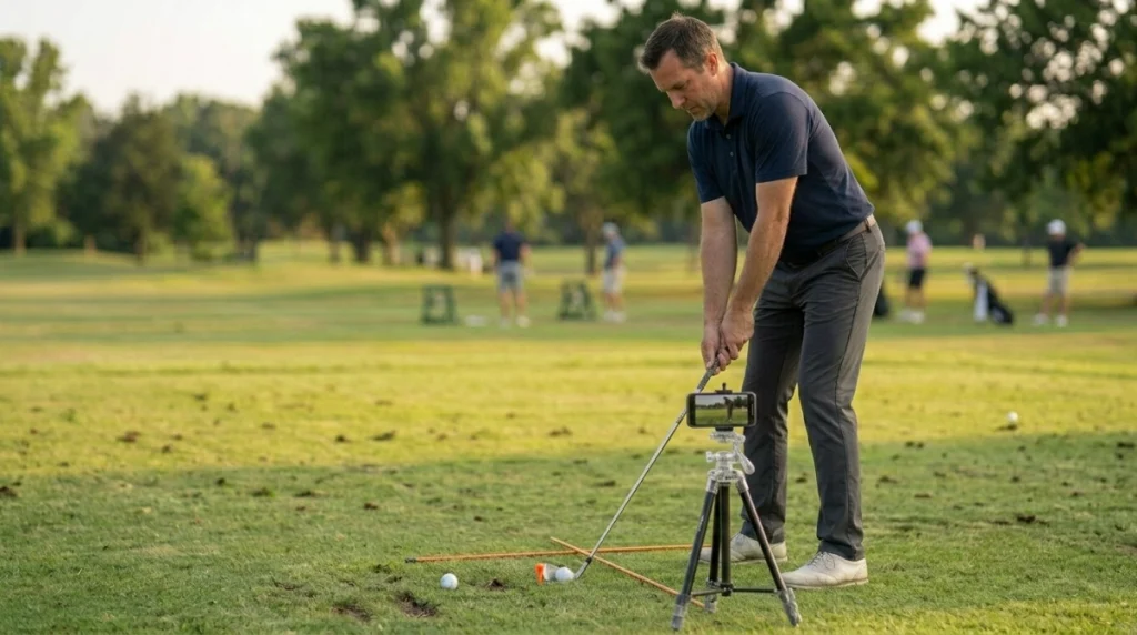 Golfer checking stance with alignment sticks and a smartphone recording the setup