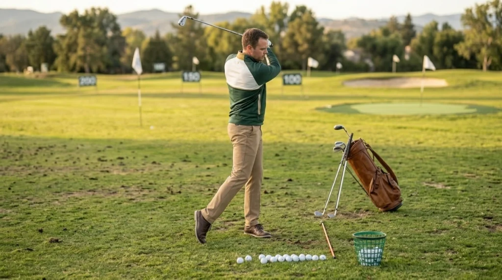 Golfer using a controlled iron drill and ten-ball test to fix swing mistakes