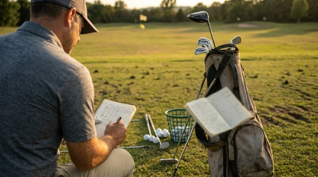 Golfer recording results after a structured range, short-game, and scored practice session