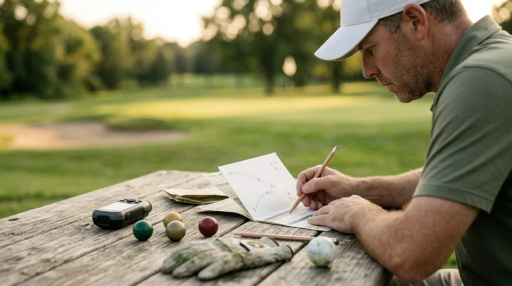 Golfer reviewing targets and course mistakes on a scorecard after a round
