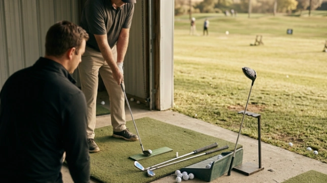 Golfer testing club length, grip size and strike pattern during a professional club fitting.