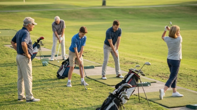 Beginner golfers from different age groups practicing appropriate golf skills together