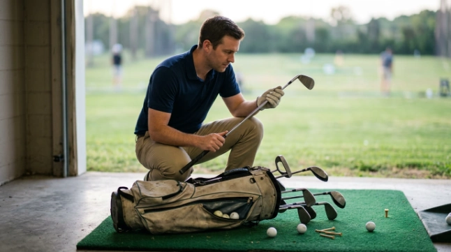 Beginner inspecting used golf clubs, grips, shafts, and clubfaces before buying equipment.