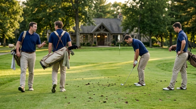 Four golfers finishing a shorter nine-hole round on a compact golf course