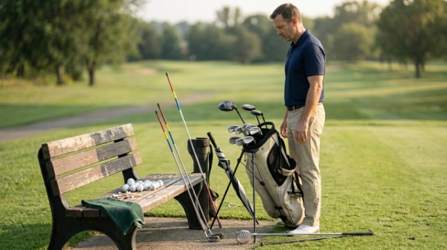 Golf clubs in a bag beside balls, tees, rangefinder, towel, umbrella, and training accessories.