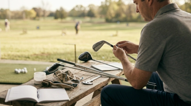 Golfer inspecting grips, shafts, grooves and strike patterns during a complete golf equipment audit.