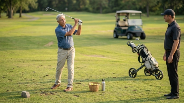Senior beginner golfer practicing a comfortable compact swing with an instructor